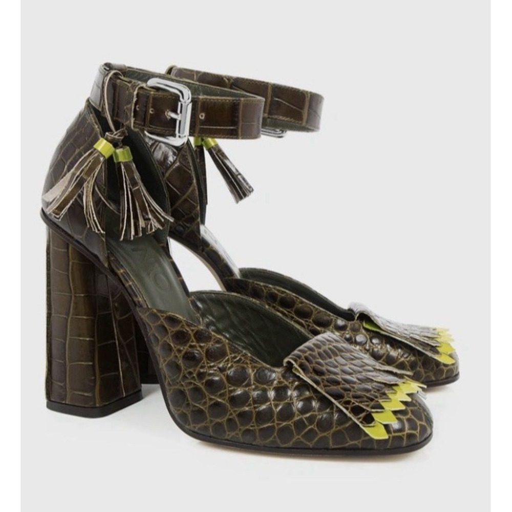 SUNO Kiltie Vamp Croc Italian Leather Ankle strap Block Fringe heel 39/US 9 EUC!